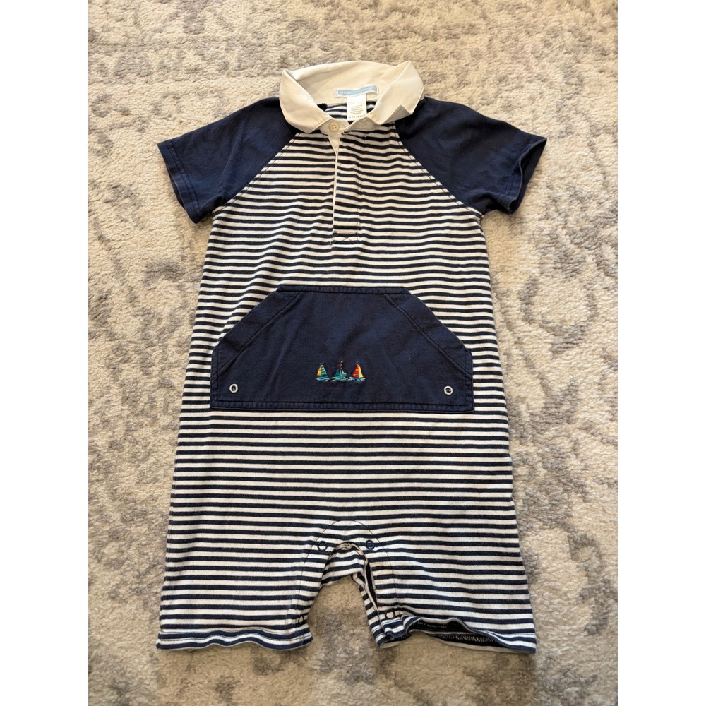 Janie and Jack Navy White Striped Sailboat Polo Romper 18-24 Months